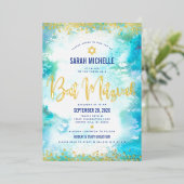 Bat Mitzvah Moderne türkisfarbene Aquarellgolden Folieneinladung (Stehend vorne)