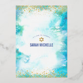 Bat Mitzvah Moderne türkisfarbene Aquarellgolden Folieneinladung (Rückseite)