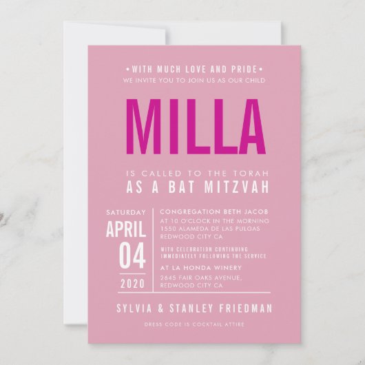 BAT MITZVAH Moderner, fettfreier Blocktyp hübsch r Einladung (Vorderseite)