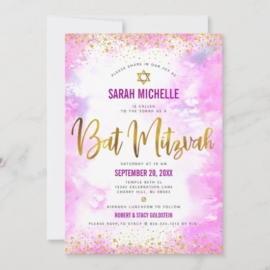 Bat Mitzvah Moderner rosa Aquarellgold Glitzer Einladung (Vorderseite)