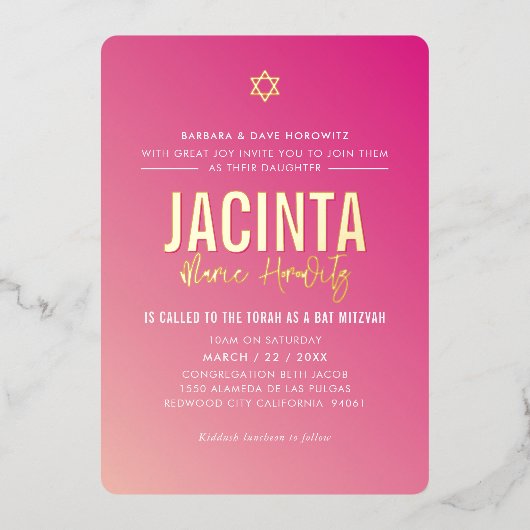 BAT MITZVAH Moderner Stern hellrosa Farbverlauf Go Folieneinladung (Vorderseite)