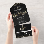 Bat Mitzvah Modernes Black Gold Glitzer Script küh All In One Einladung<br><div class="desc">Seien Sie stolz, freuen Sie sich und präsentieren Sie diesen Meilenstein Ihres Lieblings-Bat Mitzvah! Versenden Sie diese atemberaubende, moderne, maßgeschneiderte All-in-One-Einladung für eine Veranstaltung, an die Sie sich erinnern können. Funkelnd Goldfolie, Glitzer-Punkte und Typografie-Schrift überlagern einen reichen, dramatischen, schwarzen Hintergrund. Dieses All-in-One-Produkt ist eine einzigartige Kombination aus einer individuellen Einladung...</div>