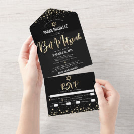 Bat Mitzvah Modernes Black Gold Glitzer Script Par All In One Einladung