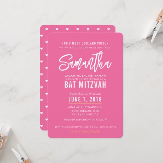 BAT MITZVAH Modernes hübsch-rosa-weißes Drehgoldgo Einladung (Vorderseite/Rückseite Beispiel)