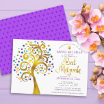 Bat Mitzvah Modernes Lila Gold Olivenweg Einladung<br><div class="desc">Seien Sie stolz, freuen Sie sich und präsentieren Sie diesen Meilenstein Ihres Lieblings-Bat Mitzvah! Dieses grafische Imitat mit goldfarbenen, funkelnd türkisfarbenen, aquamarinen, lila und blauen Stern von David und dot "Blätter" auf weißem Hintergrund ist die perfekte Einladung für diesen besondere Anlass. Ein winziger, lila Stern von David-Muster, der heller lila...</div>