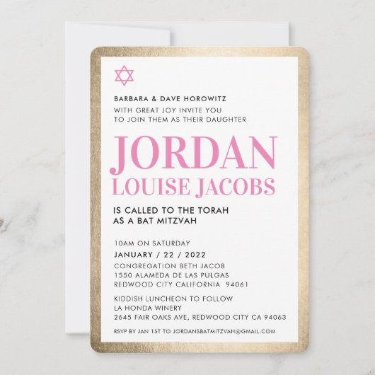 BAT MITZVAH Modernes Sterngold Schwarz Rosa einfac Einladung (Vorderseite)