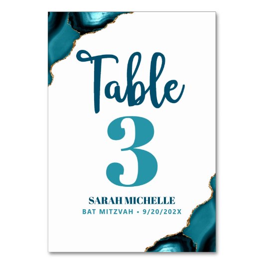 Bat Mitzvah Modernes Türkis Aquamarines Agate Scri Tischnummer (Rückseite)