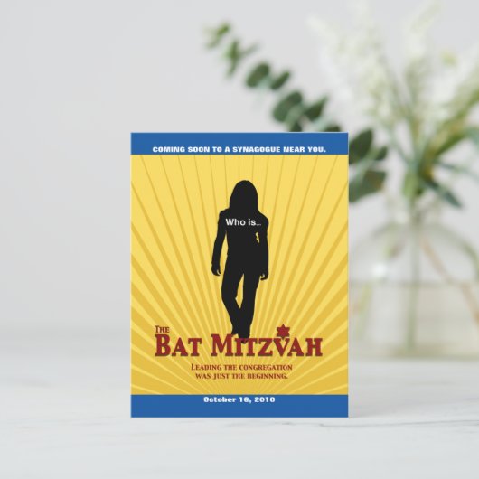 Bat Mitzvah Movie Star Save the Date Yellow Blue Ankündigungspostkarte (Stehend Vorderseite)