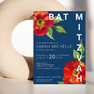 Bat Mitzvah Navy Blue Red Floral Watercolor Modern Einladung