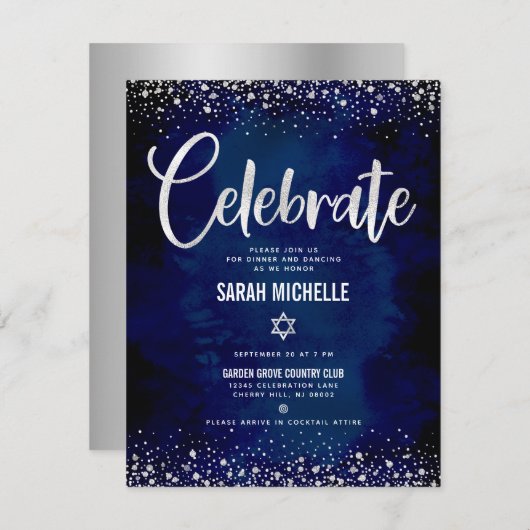 Bat Mitzvah Navy Silver Foil Glitzer Script Modern Begleitkarte (Vorne/Hinten)