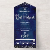 Bat Mitzvah Navy Silver Glitzer Script Party Bold All In One Einladung (Innen Boden)