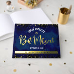 Bat Mitzvah Navy Wasserfarbe Script Real Gold Foss Gästebuch<br><div class="desc">Lass dein Lieblings-Bat Mitzvah stolz sein, freuen und feiern ihren Meilenstein mit diesem atemberaubenden Sake Scrapbook reale Goldfolie Gästebuch. An der Vorderseite, atemberaubende, moderne, funkelnd, handgeschriebene Goldfolien, Stern von David und winzige Punkte überlagern einen dramatischen marineblauen Aquarellhintergrund. Die anpassbare Wirbelsäule ist reale Goldfolie. Und auf der Rückseite, zusätzliche reale Goldfolie...</div>