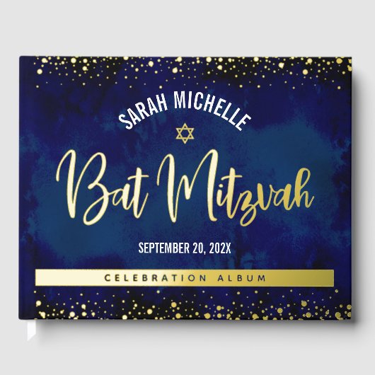 Bat Mitzvah Navy Wasserfarbe Script Real Gold Foss Gästebuch (Vorderseite)