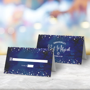 Bat Mitzvah Navy Watercolor Silver Glitzer Script Platzkarte