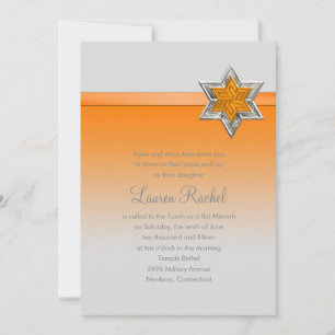 Bat Mitzvah Orange Ombre Ribbon und Star Einladung