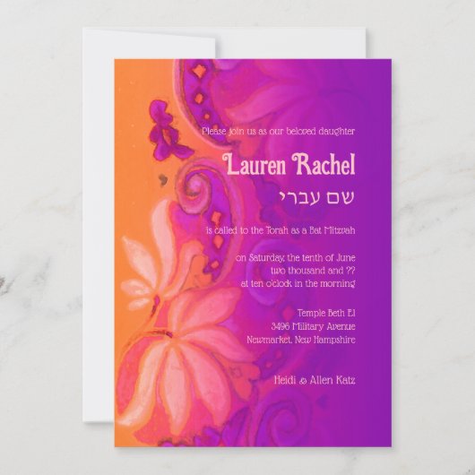 Bat Mitzvah Orange Pink Lila Bohemisch Einladung (Vorderseite)
