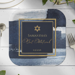 Bat Mitzvah Papierplatte | Abstraktes Blau Pappteller