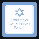Bat Mitzvah Party Light Blue Star von David Quadratischer Aufkleber<br><div class="desc">Dieser hellblaue Bat Mitzvah Party Aufkleber hat einen schönen,  künstlerischen Star von David zeichnend oben. Die Dekoration wird durch den personalisierten Namen auf den weißen Aufklebern ergänzt.</div>