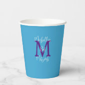 Bat Mitzvah Party Name Lila Monogram Sky Blue Pappbecher (Rückseite)