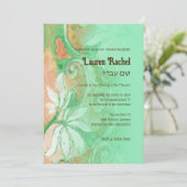 Bat Mitzvah Peach Minze Grüne Flora Wasserfarbe Einladung (Stehend Vorderseite)