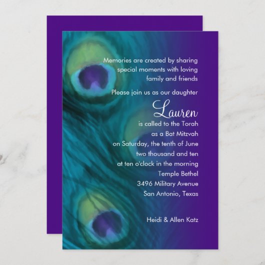 Bat Mitzvah Peacock Fantasy Set 1110 Einladung (Vorne/Hinten)