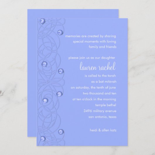Bat Mitzvah Pearls Lace Periwinkle auf jeder Farbe Einladung (Vorne/Hinten)