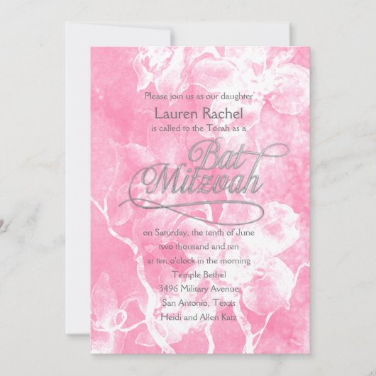 Bat Mitzvah Pink Aquarell Blume Einladung (Vorderseite)