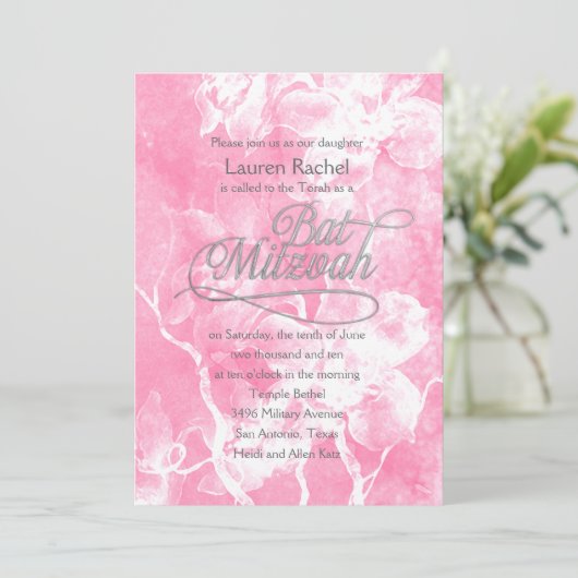 Bat Mitzvah Pink Aquarell Blume Einladung (Stehend Vorderseite)