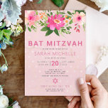 Bat Mitzvah Pink Aquarell Floral Einfach Einladung<br><div class="desc">Seien Sie stolz, freuen Sie sich und präsentieren Sie diesen Meilenstein Ihres Lieblings-Bat Mitzvah mit dieser raffinierten, personalisierten Einladung! Eine schicke, atemberaubende, rosa und pfirsichfarbene Aquarellfarbe mit staubiger Rose, moderne Sans Serif-Schrift überlagert ein weiches rosa und konfetti Punkte Hintergrund. Personalisieren Sie den benutzerdefinierten Text mit dem Namen, Datum und Veranstaltungsort...</div>