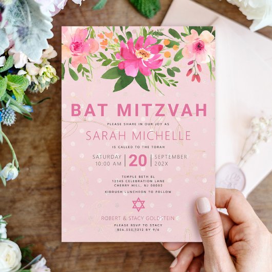 Bat Mitzvah Pink Aquarell Floral Einfach Einladung