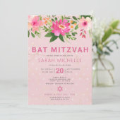 Bat Mitzvah Pink Aquarell Floral Einfach Einladung (Stehend Vorderseite)