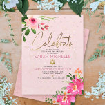 Bat Mitzvah Pink Aquarell Floral Modernes Skript<br><div class="desc">Seien Sie stolz, freuen Sie sich und präsentieren Sie diesen Meilenstein Ihres Lieblings-Bat Mitzvah! Fügen Sie diese moderne, funkelnd, personalisierte Einlage für zusätzliche Informationen zu Ihrer Veranstaltung ein. Eine atemberaubende, rosa und pfirsichfarbene Aquarellfarbe mit Imitaten, Goldfolien-Schrift-Typografie und moderne staubige Rose und graue Sans Serif-Typ Overlay versetzen einen weichen rosa &...</div>