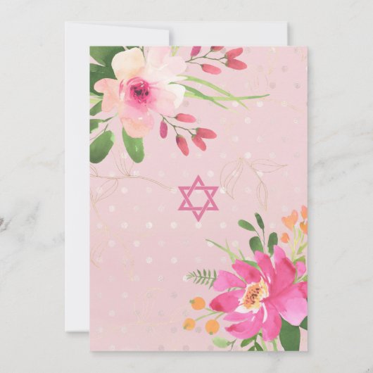 Bat Mitzvah Pink Aquarell Floral Modernes Skript Einladung (Rückseite)