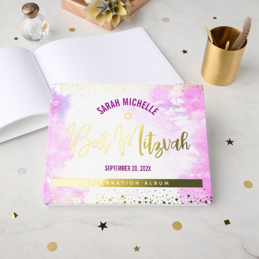 Bat Mitzvah Pink Aquarell Script Real Gold Fossil Gästebuch (Vorderseite offen)