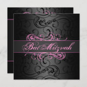 Bat Mitzvah Pink & Black Swirl Geburtstag Einladun Einladung (Vorne/Hinten)