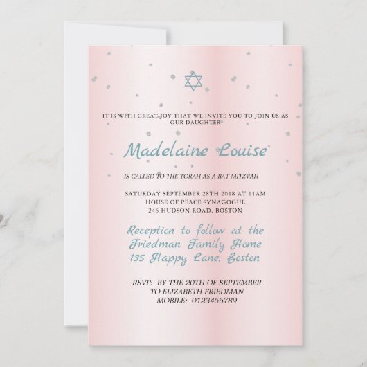 Bat Mitzvah Pink Blue Silver Einladung (Vorderseite)