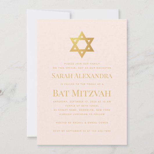 Bat Mitzvah Pink & Faux Gold Star of David Simple  Einladung (Vorderseite)