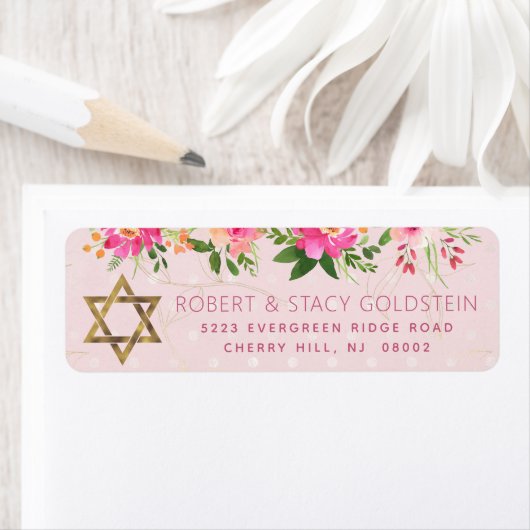Bat Mitzvah Pink Floral Girly Gold Rücksendeadress (Insitu)