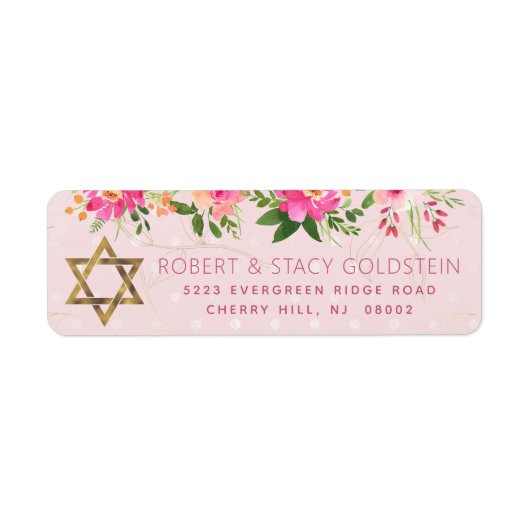 Bat Mitzvah Pink Floral Girly Gold Rücksendeadress (Vorne)