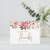 Bat Mitzvah Pink Floral Gold Script Vielen Dank Postkarte (Stehend Vorderseite)
