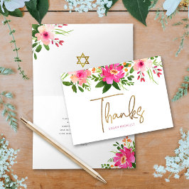 Bat Mitzvah Pink Floral Watercolor Gold Script Dankeskarte