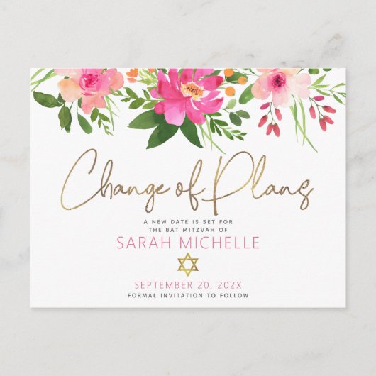 Bat Mitzvah Pink Floral Watercolor Gold Script Einladungspostkarte (Vorderseite)