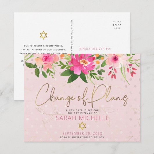 Bat Mitzvah Pink Floral Watercolor Modern Script Einladungspostkarte (Vorne/Hinten)
