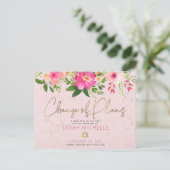 Bat Mitzvah Pink Floral Watercolor Modern Script Einladungspostkarte (Stehend Vorderseite)