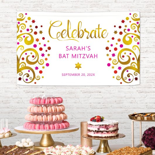 Bat Mitzvah Pink Gold Foil Script Tree of Life Banner