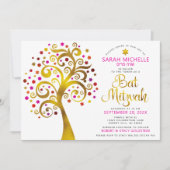 Bat Mitzvah Pink Gold Foil Script Tree of Life Einladung (Vorderseite)