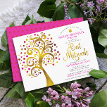 Bat Mitzvah Pink Gold Foil Script Tree of Life Einladung<br><div class="desc">Seien Sie stolz, freuen Sie sich und präsentieren Sie diesen Meilenstein Ihres Lieblings-Bat Mitzvah! Dieses grafische Imitat mit Goldfolienbaum mit funkelnd rosa, orangefarbenen und roten David- und Dot-"Blätter" auf weißem Hintergrund ist die perfekte Einladung für diesen besondere Anlass. Ein winziger, dunkelroter Star-of-David-Muster, der über heiß rosa liegt, ist auf der...</div>