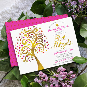 Bat Mitzvah Pink Gold Foil Script Tree of Life Einladung