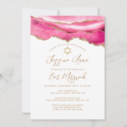 Bat Mitzvah Pink Gold Glitzer Einladung (Vorderseite)