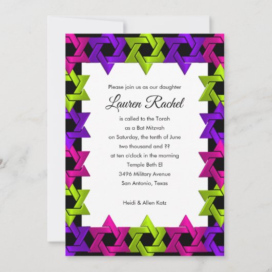 Bat Mitzvah Pink Green Lila Star für jede Farbe Einladung (Vorderseite)